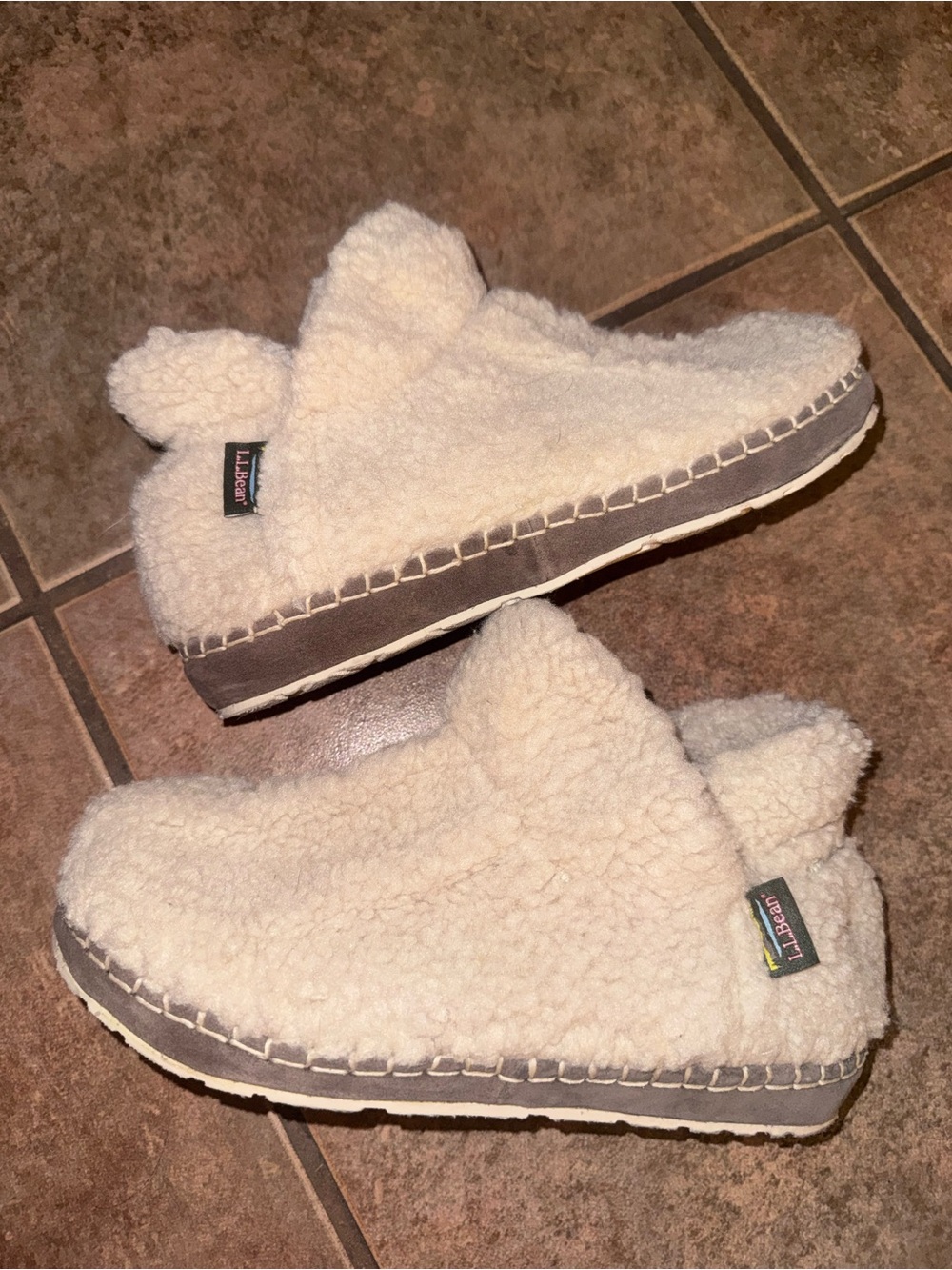 L.L.Bean llbean cozy slipper booties Sherpa size 9 cream brown fleece pile